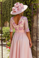 Load image into Gallery viewer, Dusty Rose A Line V Neck Midi Floral Mother of the Bride Dress with Sleeves