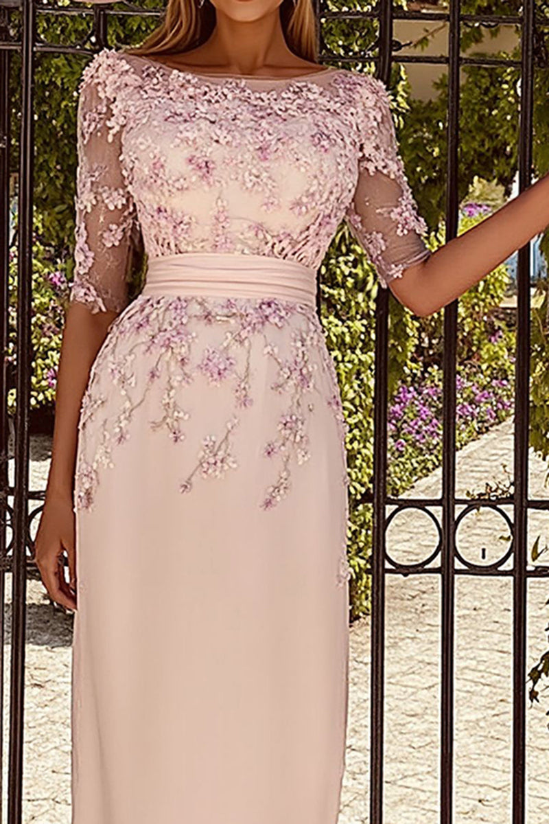 Load image into Gallery viewer, Floral Dusty Rose Midi Boat Neck Mother of the Bride Dress