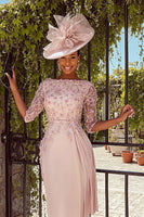 Load image into Gallery viewer, Dusty Rose Bateau Neck Floral Midi Bodycon Mother of the Bride Dress