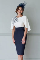 Load image into Gallery viewer, White and Navy Floral Midi Bodycon Mother of the Bride Dress