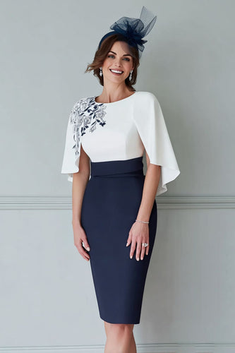 White and Navy Floral Midi Bodycon Mother of the Bride Dress