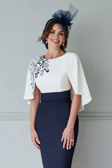 White and Navy Floral Midi Bodycon Mother of the Bride Dress