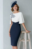 Load image into Gallery viewer, White and Navy Appliqued Midi Bodycon Mother of the Bride Dress