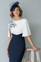 Load image into Gallery viewer, White and Navy Appliqued Midi Bodycon Mother of the Bride Dress