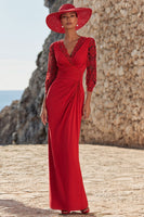 Load image into Gallery viewer, Red Ruched Sheath Long Mother of the Bride Dress with Lace