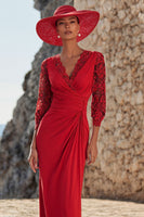 Load image into Gallery viewer, Red Ruched Sheath Long Mother of the Bride Dress with Lace