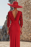 Load image into Gallery viewer, Red Ruched Sheath Long Mother of the Bride Dress with Lace
