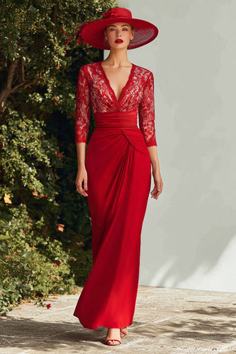 Red Lace V-Neck Long Mermaid Mother of the Bride Dress with Sleeves