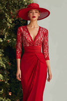 Load image into Gallery viewer, Red Lace V-Neck Long Mermaid Mother of the Bride Dress with Sleeves