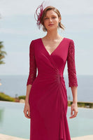 Load image into Gallery viewer, Dark Red V Neck Long Mermaid Mother of the Bride Dress with Lace