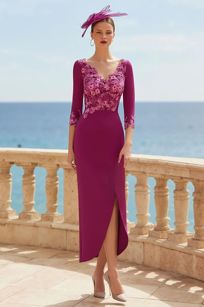 Fuchsia Floral Appliqued Long Mother of the Bride Dress with Sleeves