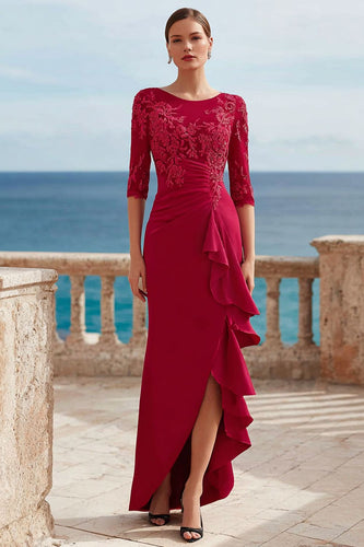 Dark Red Appliqued Long Ruffled Mother of the Bride Dress with Slit
