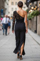 Load image into Gallery viewer, Black One Shoulder Sheath Long Mother of the Bride Dress with Lace