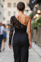 Load image into Gallery viewer, Black One Shoulder Sheath Long Mother of the Bride Dress with Lace