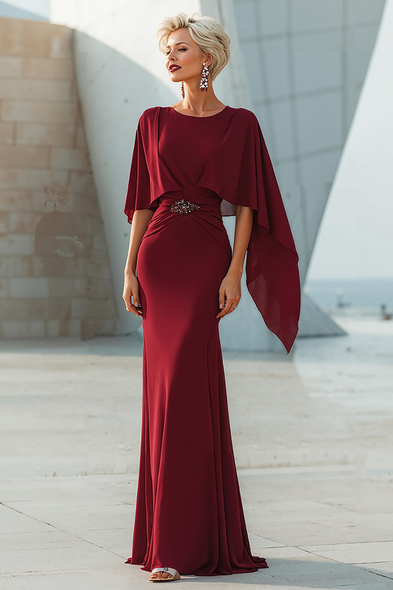 Load image into Gallery viewer, Sparkly Burgundy Mermaid Long Mother of the Bride Dress with Cape