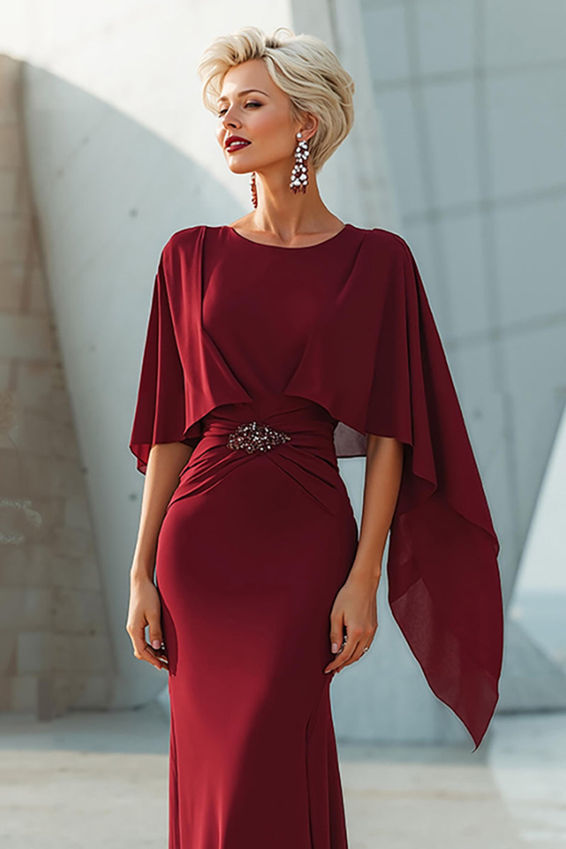 Load image into Gallery viewer, Sparkly Burgundy Mermaid Long Mother of the Bride Dress with Cape