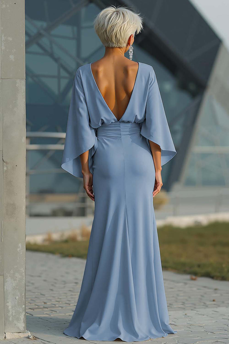 Queendancer Women Silver Satin Long Mother of the Bride Dress Mermaid Ruched Backless Wedding Guest Dress with Sleeves queendancer Queendancer Women Silver Satin Long Mother of the Bride Dress Mermaid Ruched Backless Wedding Guest Dress with Sleeves queendancer