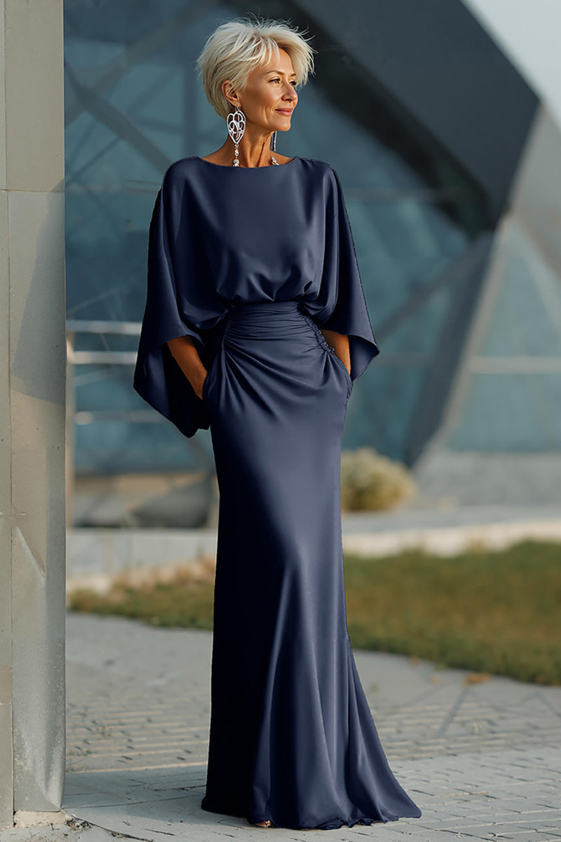 mermaid wedding guest dress Queendancer Women Silver Satin Long Mother of the Bride Dress Mermaid Ruched Backless Wedding Guest Dress with Sleeves – queendancer