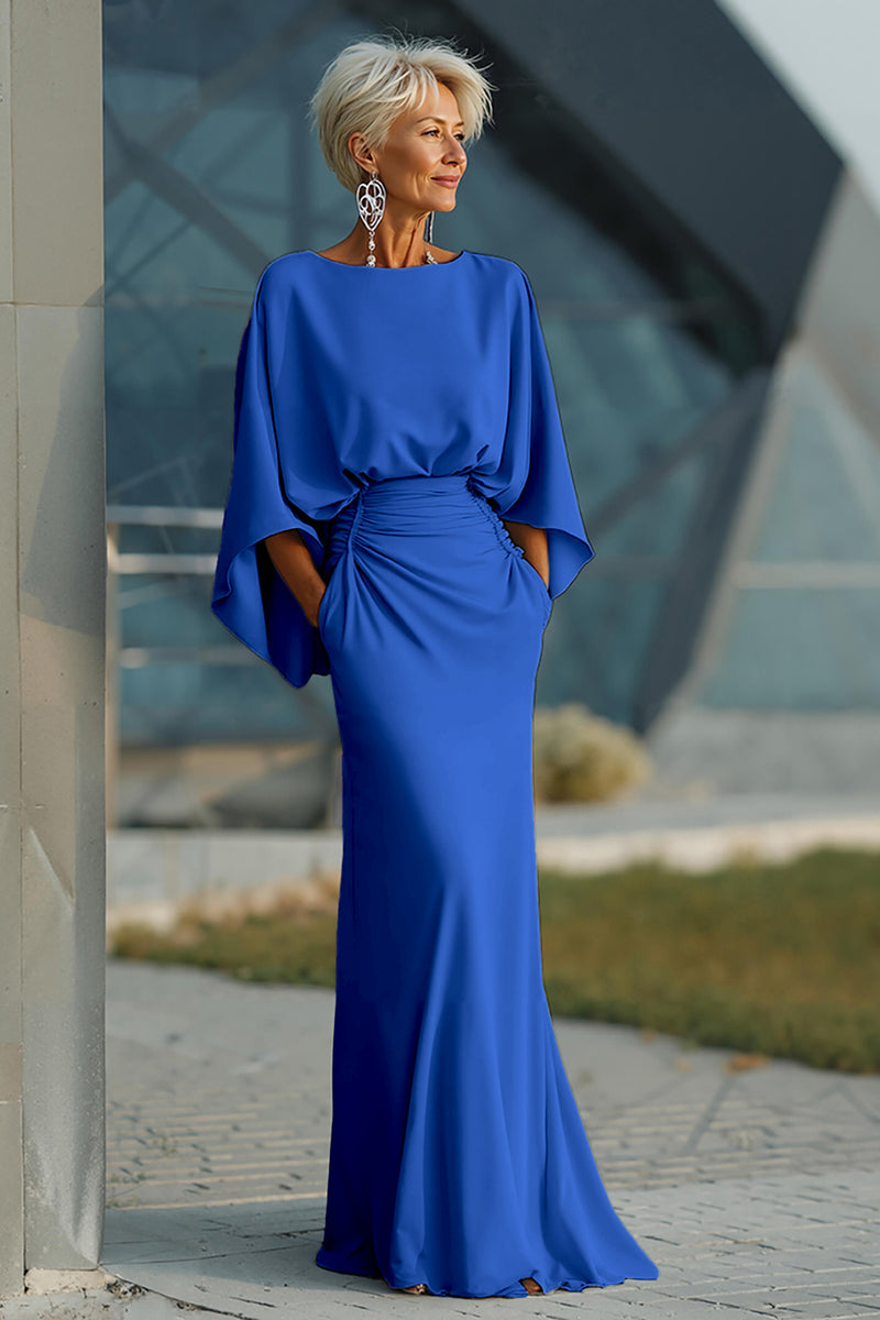 Load image into Gallery viewer, Navy Satin Mermaid Long Mother of the Bride Dress with Sleeves