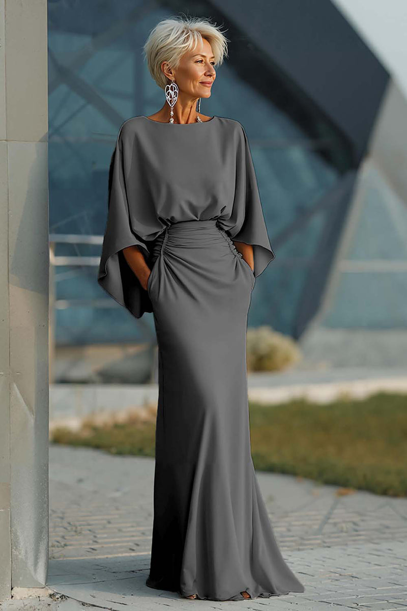 Queendancer Women Silver Satin Long Mother of the Bride Dress Mermaid Ruched Backless Wedding Guest Dress with Sleeves queendancer Queendancer Women Silver Satin Long Mother of the Bride Dress Mermaid Ruched Backless Wedding Guest Dress with Sleeves queendancer