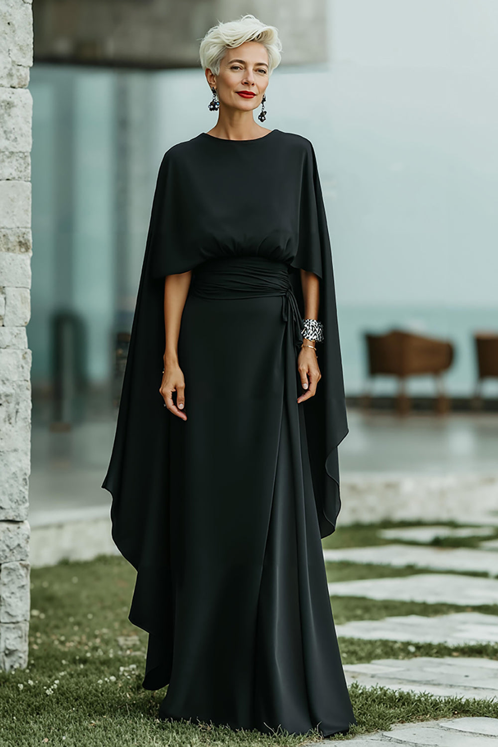 Black Round Neck Long Mother of the Bride Dress with Cape