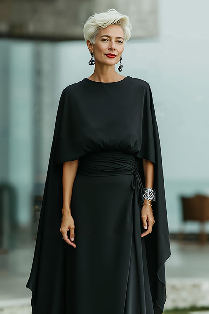 Load image into Gallery viewer, Black Round Neck Long Mother of the Bride Dress with Cape