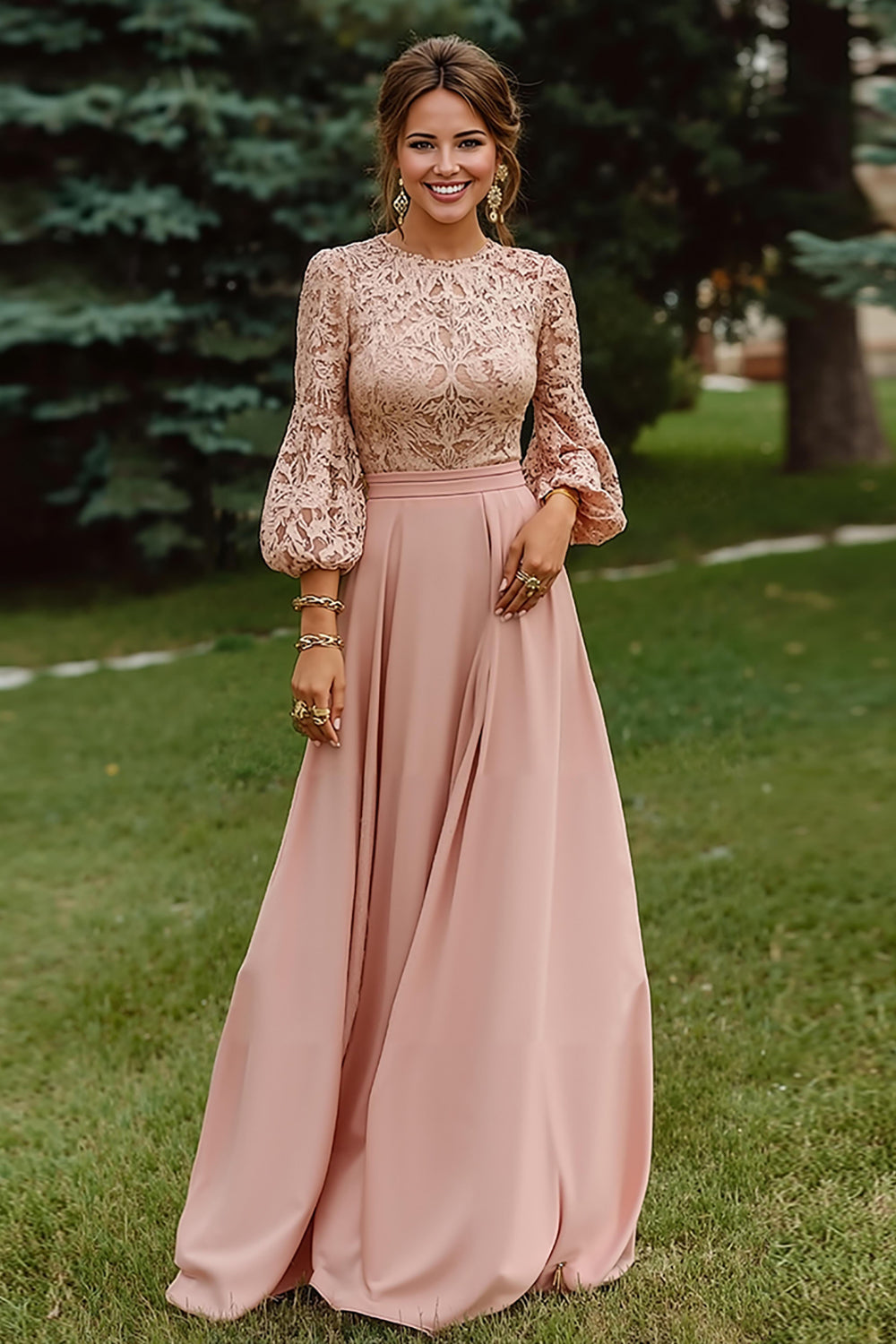 Dusty Rose Long Sleeves A Line Floor Length Mother of the Bride Dress