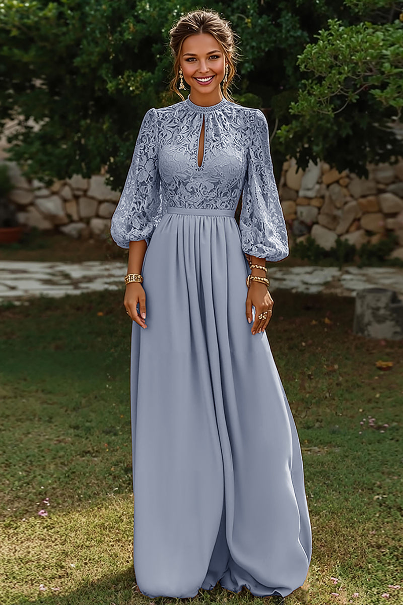Load image into Gallery viewer, Dusty Blue Puff Sleeves A Line Long Mother of the Bride Dress with Keyhole