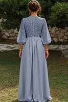 Load image into Gallery viewer, Dusty Blue Puff Sleeves A Line Long Mother of the Bride Dress with Keyhole