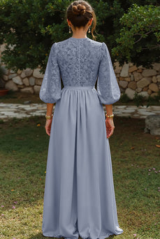 Dusty Blue Puff Sleeves A Line Long Mother of the Bride Dress with Keyhole