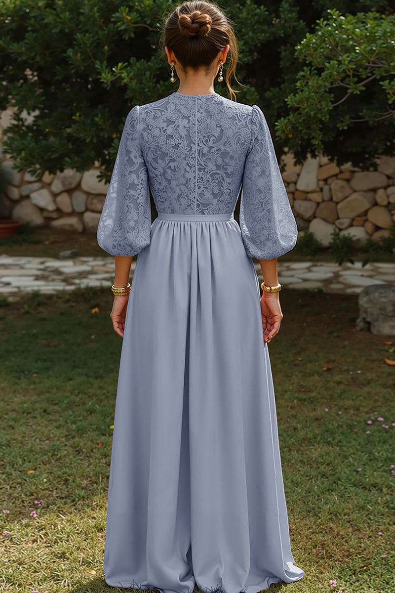 Load image into Gallery viewer, Dusty Blue Puff Sleeves A Line Long Mother of the Bride Dress with Keyhole
