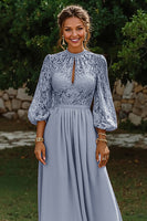 Load image into Gallery viewer, Dusty Blue Puff Sleeves A Line Long Mother of the Bride Dress with Keyhole