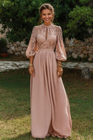 Load image into Gallery viewer, Dusty Blue Puff Sleeves A Line Long Mother of the Bride Dress with Keyhole