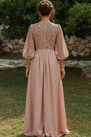 Load image into Gallery viewer, Dusty Blue Puff Sleeves A Line Long Mother of the Bride Dress with Keyhole