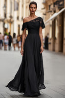 Load image into Gallery viewer, Black One Shoulder A Line Long Mother of the Bride Dress with Lace