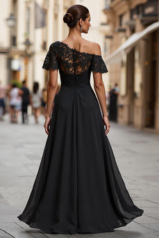 Black One Shoulder A Line Long Mother of the Bride Dress with Lace
