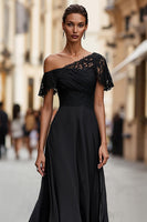 Load image into Gallery viewer, Black One Shoulder A Line Long Mother of the Bride Dress with Lace