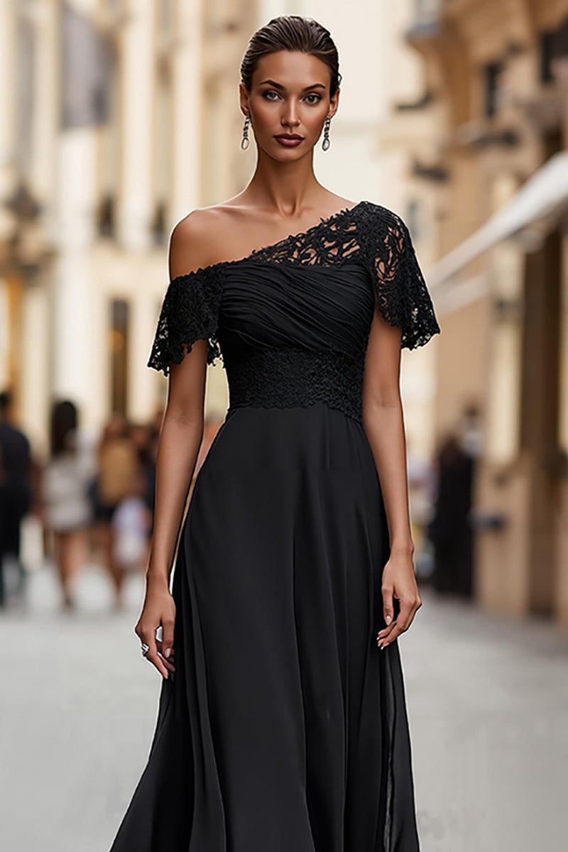Load image into Gallery viewer, Black One Shoulder A Line Long Mother of the Bride Dress with Lace