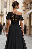 Load image into Gallery viewer, Black One Shoulder A Line Long Mother of the Bride Dress with Lace