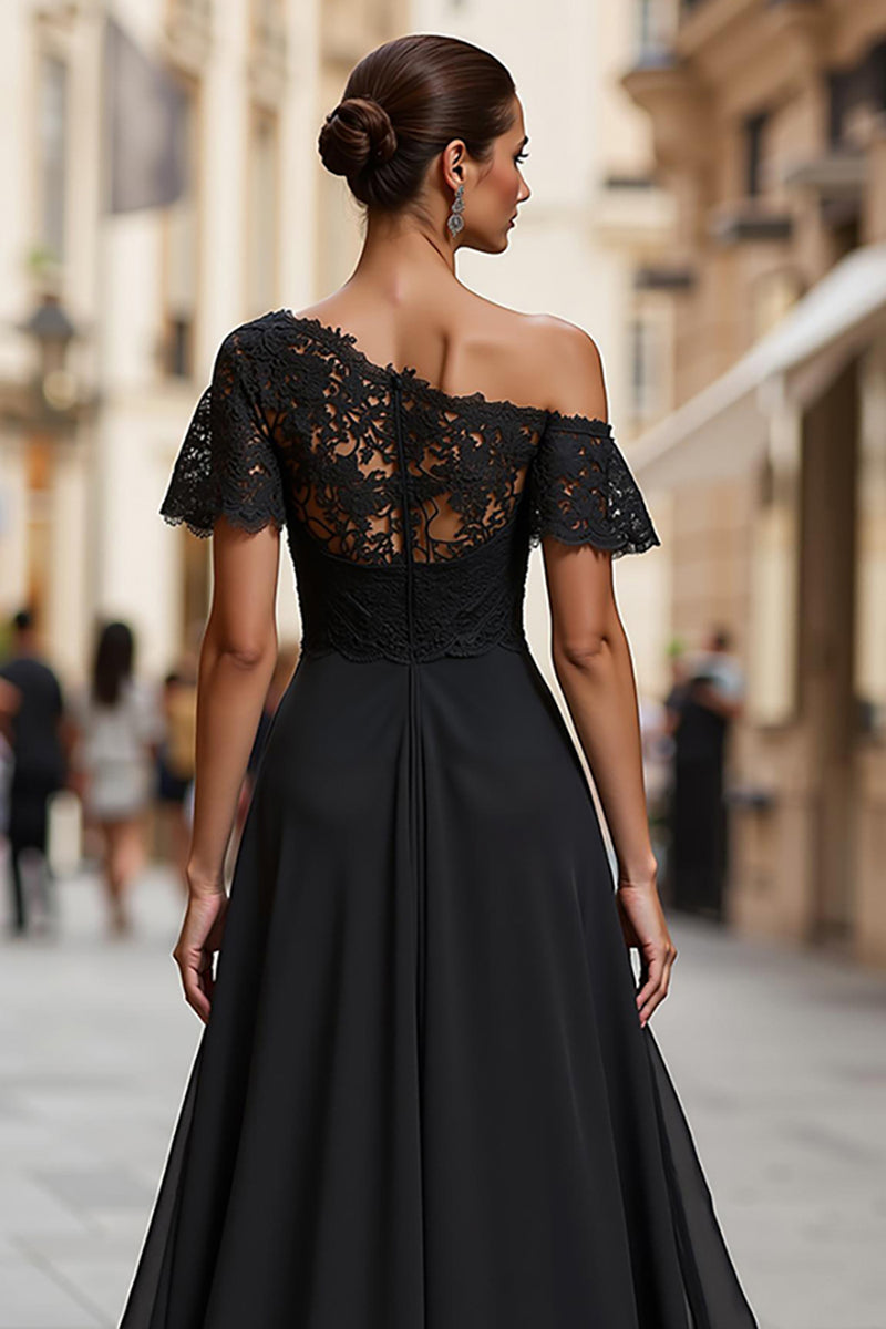 Load image into Gallery viewer, Black One Shoulder A Line Long Mother of the Bride Dress with Lace