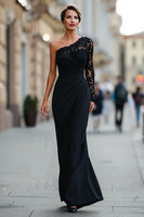 Load image into Gallery viewer, Black One Shoulder Long Mermaid Mother of the Bride Dress with Lace