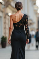 Load image into Gallery viewer, Black One Shoulder Long Mermaid Mother of the Bride Dress with Lace