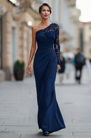 Load image into Gallery viewer, Black One Shoulder Long Mermaid Mother of the Bride Dress with Lace