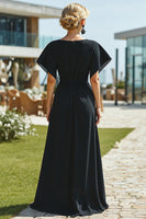 Load image into Gallery viewer, Black Bateau Neck Sheath Long Mother of the Bride Dress