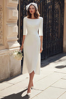 Load image into Gallery viewer, Ivory Boat Neck Satin Midi Wedding Dress with Sleeves