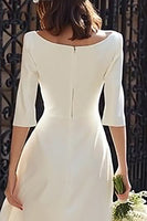 Load image into Gallery viewer, Ivory Boat Neck Satin Midi Wedding Dress with Sleeves