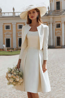 Load image into Gallery viewer, Ivory Satin 2 Piece Boat Neck Midi Wedding Dress with Jacket
