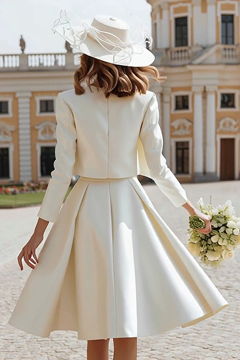 Load image into Gallery viewer, Ivory Satin 2 Piece Boat Neck Midi Wedding Dress with Jacket