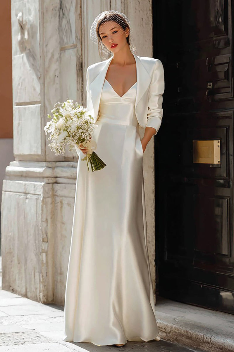Load image into Gallery viewer, Ivory 2 Piece Sheath V Neck Satin Floor Length Wedding Dress with Jacket
