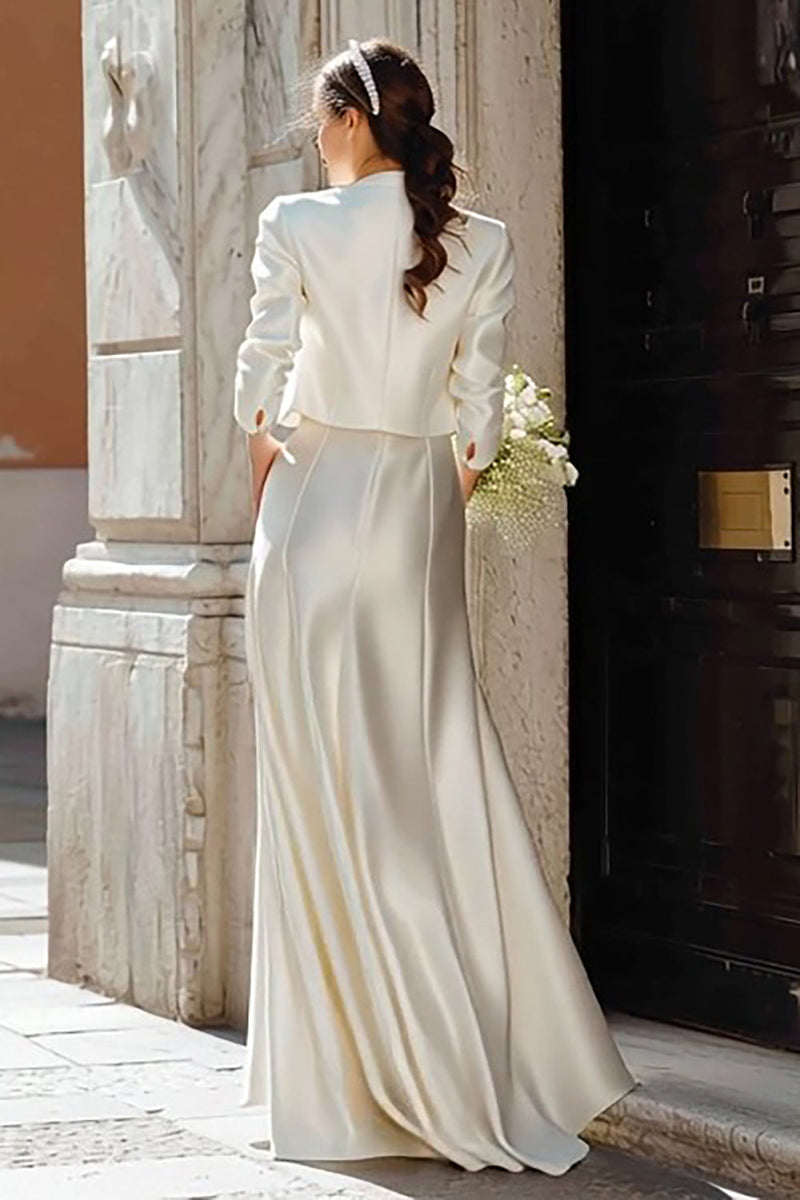 Load image into Gallery viewer, Ivory 2 Piece Sheath V Neck Satin Floor Length Wedding Dress with Jacket